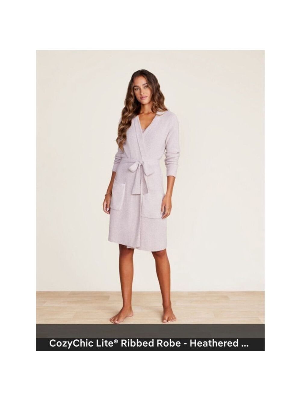 NWT Barefoot Dreams Bamboo Chic Lite Heathered Ribbed Short Robe S Petal Pearl L